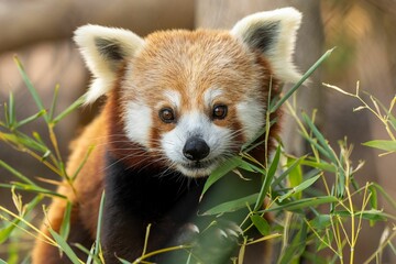 Obraz premium Closeup shot of an adorable red panda (Ailurus fulgens) staring at the camera