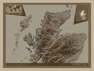 Highland, Scotland - Great Britain. Sepia. Labelled points of cities