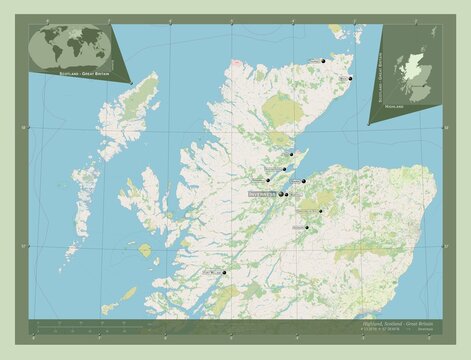 Highland, Scotland - Great Britain. OSM. Labelled points of cities