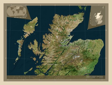 Highland, Scotland - Great Britain. High-res satellite. Labelled points of cities