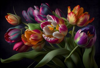 Obraz na płótnie Canvas Beautiful composition spring flowers, multicolored tulips, bouquet of multicolored tulips flowers. Spring tulip flowers. generative ai