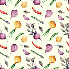 Watercolor vegetables seamless pattern on ivory colored background. Healthy eating repeat print. Beetroot, onion, chili, asparagus, peas ornament for kitchen, agriculture, garden, restaurants and more