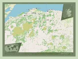 Moray, Scotland - Great Britain. OSM. Labelled points of cities