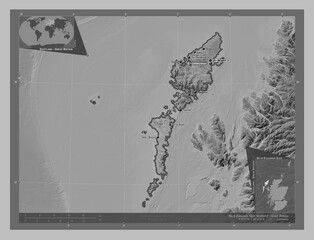Na h-Eileanan Siar, Scotland - Great Britain. Grayscale. Labelled points of cities