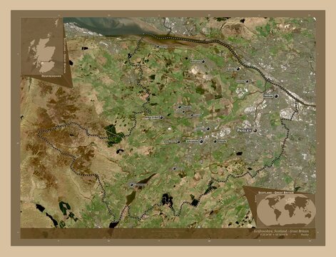Renfrewshire, Scotland - Great Britain. Low-res satellite. Labelled points of cities