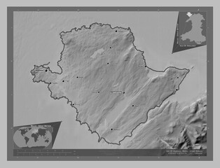 Isle Of Anglesey, Wales - Great Britain. Grayscale. Labelled points of cities