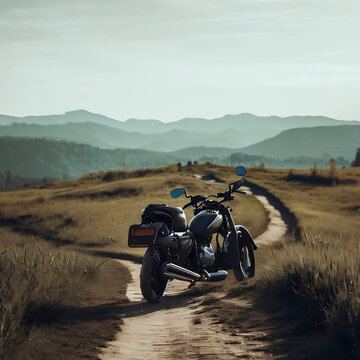A motorcycle on the road in the mountains. Generative AI.