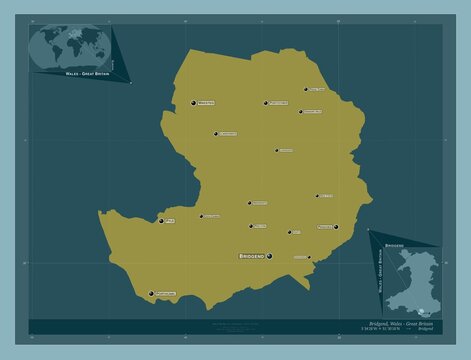 Bridgend, Wales - Great Britain. Solid. Labelled points of cities
