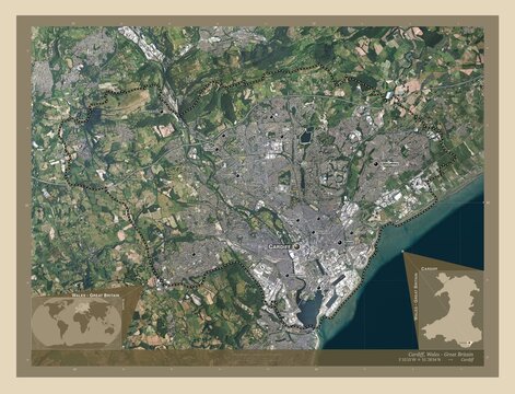 Cardiff, Wales - Great Britain. High-res satellite. Labelled points of cities