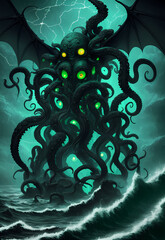 A Cthulhu-like monster with tentacles rising from the sea. At night in the storm. From the Cosmic Horror universe by H. P. Lovecraft. Concept art, drawing, generative ai generative ki, - 592675007
