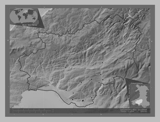Carmarthenshire, Wales - Great Britain. Grayscale. Labelled points of cities