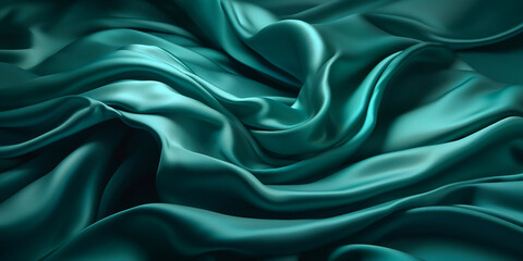 Fototapeta premium Blue green silk satin fabric wave or silk wavy folds generated by AI. 