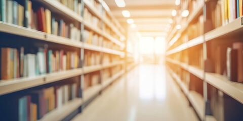 Fototapeta premium Abstract blurred public library interior space. blurry room with bookshelves by defocused effect. use for background or backdrop in business or education concepts generated by AI.