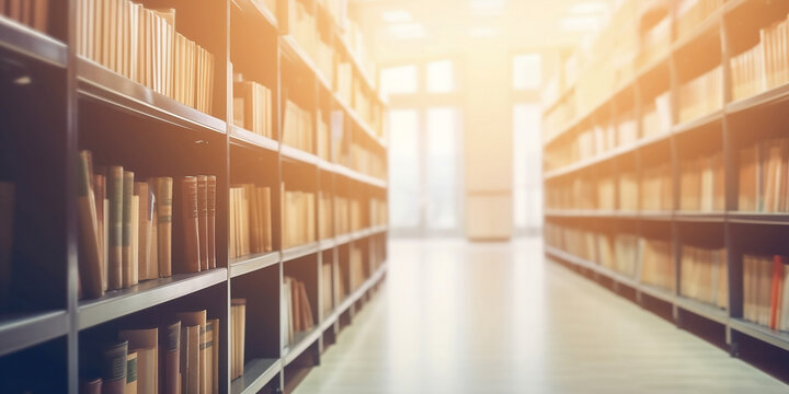 Abstract blurred public library interior space. blurry room with bookshelves by defocused effect. use for background or backdrop in business or education concepts generated by AI.