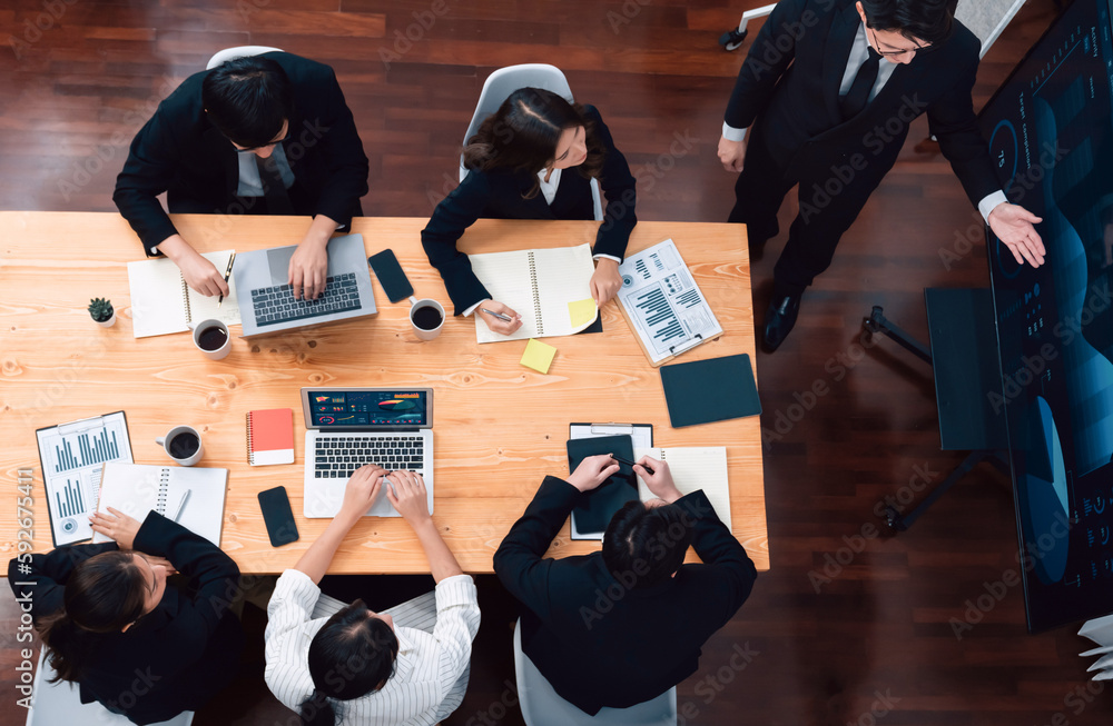 Poster top view manager or office worker give presentation in harmony conference room to business colleague