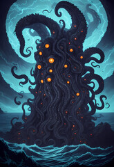 A Cthulhu-like monster with tentacles rising from the sea. At night in the storm. From the Cosmic Horror universe by H. P. Lovecraft. Concept art, drawing, generative ai generative ki, - obrazy, fototapety, plakaty