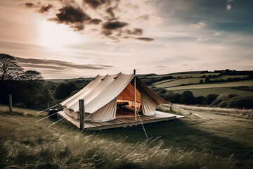 Fototapeta na wymiar glamping in the beautiful countryside. luxury glamorous camping. glamping in the country side, generated by AI.