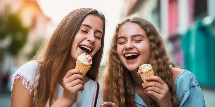 Women girls having ice cream together outdoors. Close up of young women eating ice cream and laughing generated by AI.