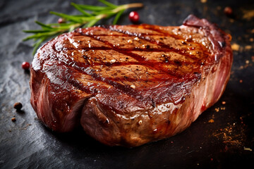 Fototapeta premium Beef Rib Eye steak slices with fork and knife herbs spices and salt generated by AI.