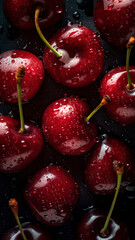 Fresh Cherries background, adorned with glistening droplets of water, top down view.