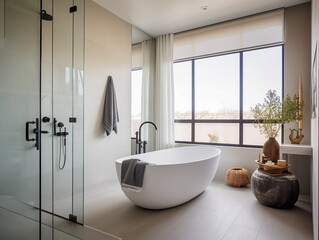 Fototapeta na wymiar A Contemporary Bathroom with Free Standing Tub and Large Windows | Generative AI