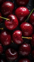 Fresh Cherries background, adorned with glistening droplets of water, top down view.
