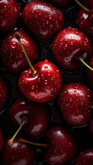 Fresh Cherries background, adorned with glistening droplets of water, top down view.
