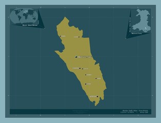 Merthyr Tydfil, Wales - Great Britain. Solid. Labelled points of cities