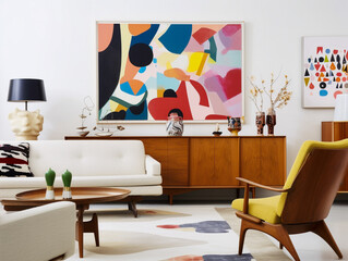 A Mid-Century Modern Living Room with Bold Patterns and Colors | Generative AI