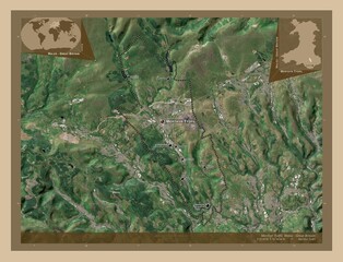 Merthyr Tydfil, Wales - Great Britain. Low-res satellite. Labelled points of cities