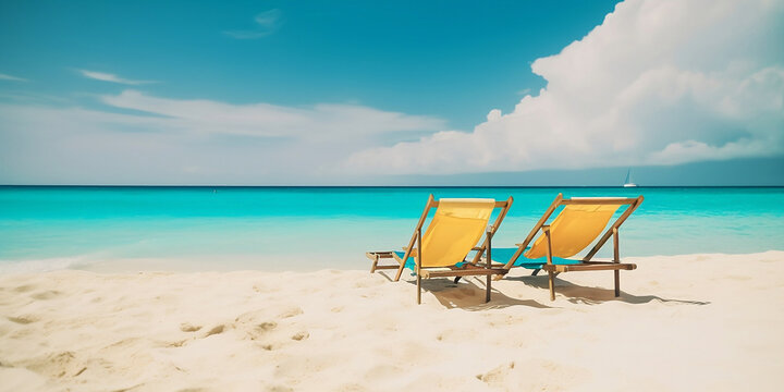 Two sun loungers on beautiful with sandy beach at sea and blue sky. Concept for summer holidays generated by AI