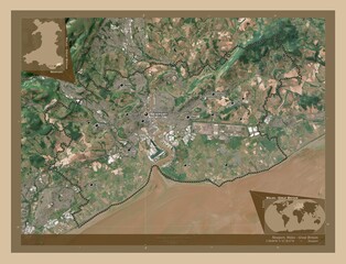 Newport, Wales - Great Britain. Low-res satellite. Labelled points of cities