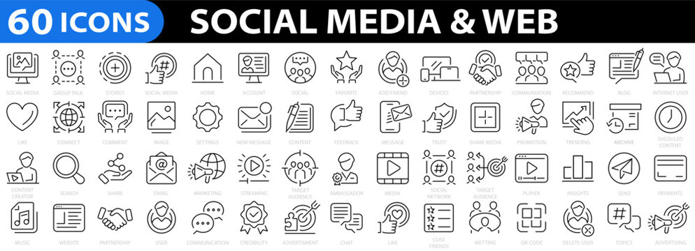 Social Media 60 icon set. Media, Digital marketing, Management, Message, Online community, website, blog, content, business marketing and social network icons. Vector illustration.