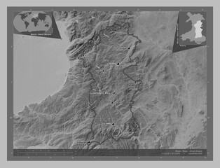 Powys, Wales - Great Britain. Grayscale. Labelled points of cities