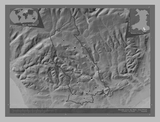 Rhondda Cynon Taf, Wales - Great Britain. Grayscale. Labelled points of cities