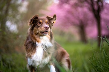 Selective focus of Australian Shepherd with pink blossoms around