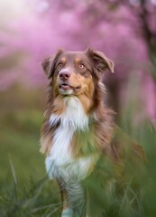 Selective focus of Australian Shepherd with pink blossoms around