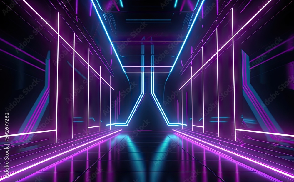 Poster abstract futuristic technology concept. neon hexagon tunnel modern background. fluorescent ultraviol