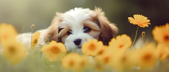 puppy in flowers , Generative AI	
