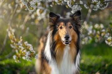 Selective focus of Rough Collie dog with blossoms around