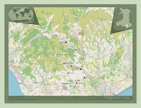 Rhondda Cynon Taf, Wales - Great Britain. OSM. Labelled points of cities