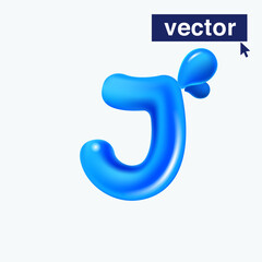 J letter logo made of blue clear water and dew drops. 3D realistic plastic cartoon balloon style. Glossy vector illustration.