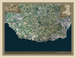 Vale of Glamorgan, Wales - Great Britain. High-res satellite. Labelled points of cities
