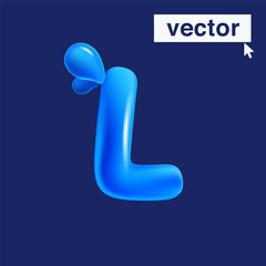 L letter logo made of blue clear water and dew drops. 3D realistic plastic cartoon balloon style. Glossy vector illustration.