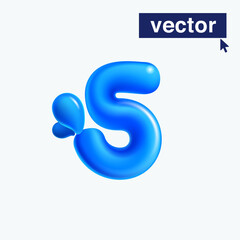 5 logo. Number five made of blue clear water and dew drops. 3D realistic plastic cartoon balloon style. Glossy vector illustration.