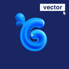6 logo. Number six made of blue clear water and dew drops. 3D realistic plastic cartoon balloon style. Glossy vector illustration.