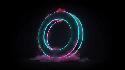 abstract cloud illuminated with neon light ring on dark night sky. Glowing geometric shape, round frame