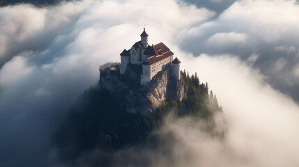 Naklejka premium Beautiful Fairytale castle on mountain surrounded by cloud. Generative AI