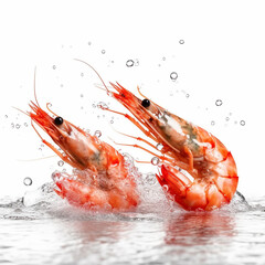 Shrimps in water with bubbles, isolated on white background. AI generated