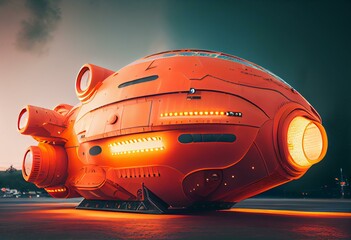 Fototapeta na wymiar Aliens futuristic orange spaceship side view, ufo with lights. Invasion concept, went to take off. png. Generative AI